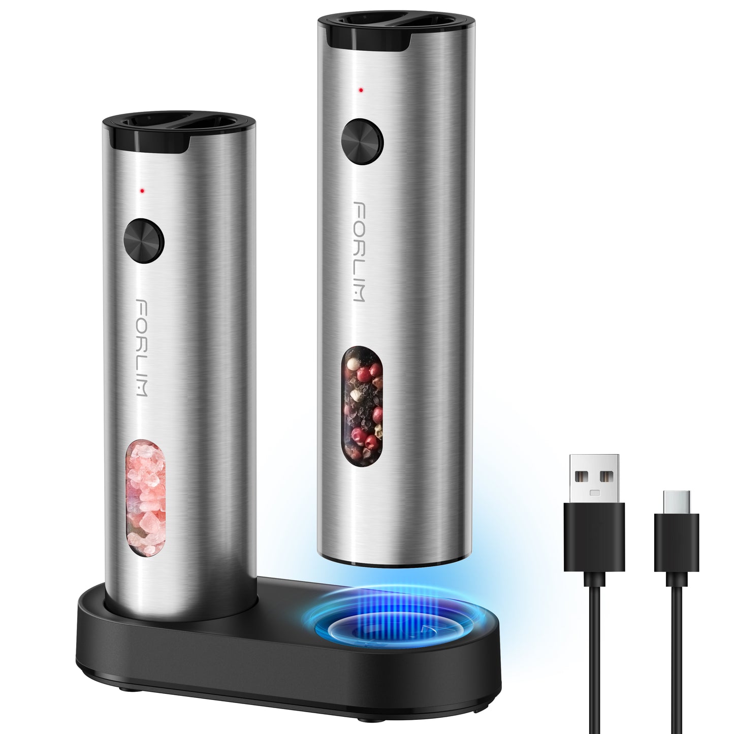 FORLIM Electric Salt and Pepper Grinder Set Rechargeable, Auto Salt and Pepper Grinder set with Charging Base, Adjustable Coarseness, LED Light, Automatic Salt Grinder Refillable,Pepper Shakers Set