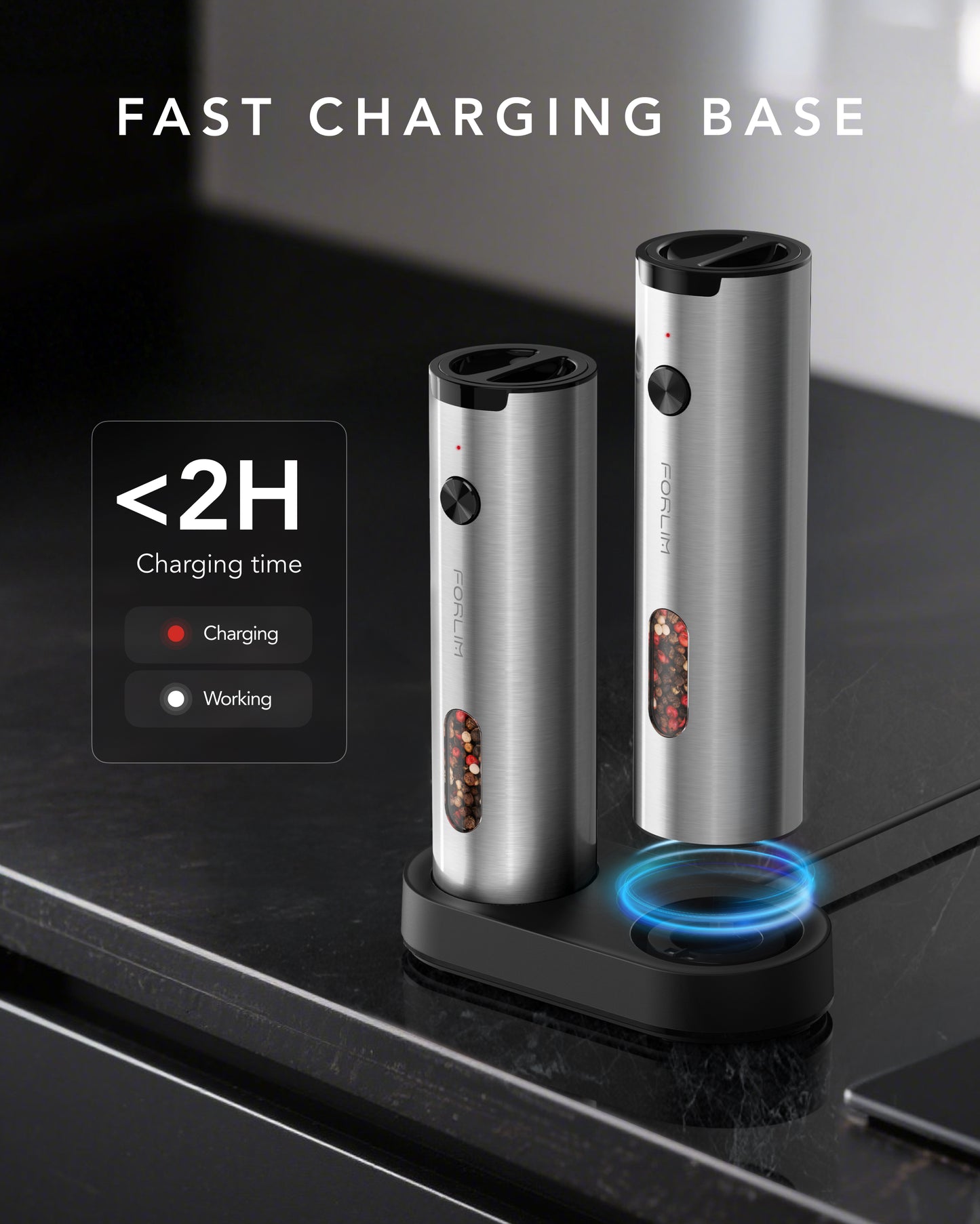 FORLIM Electric Salt and Pepper Grinder Set Rechargeable, Auto Salt and Pepper Grinder set with Charging Base, Adjustable Coarseness, LED Light, Automatic Salt Grinder Refillable,Pepper Shakers Set