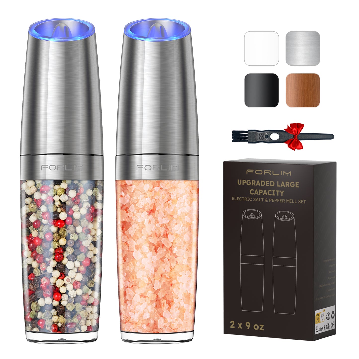 FORLIM Electric Salt and Pepper Grinder Set, Upgraded 9 Oz Large Capacity, Battery Operated Automatic Pepper Grinder Set, Easy to Fill, One Hand Operation, Stainless Steel(Silver)