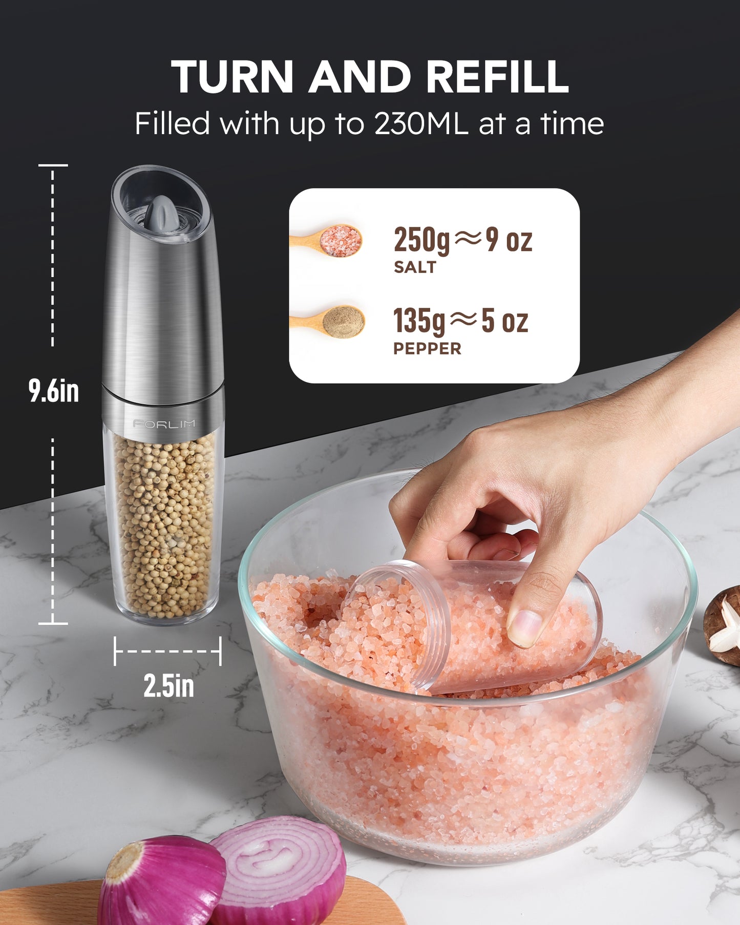 FORLIM Electric Salt and Pepper Grinder Set, Upgraded 9 Oz Large Capacity, Battery Operated Automatic Pepper Grinder Set, Easy to Fill, One Hand Operation, Stainless Steel(Silver)