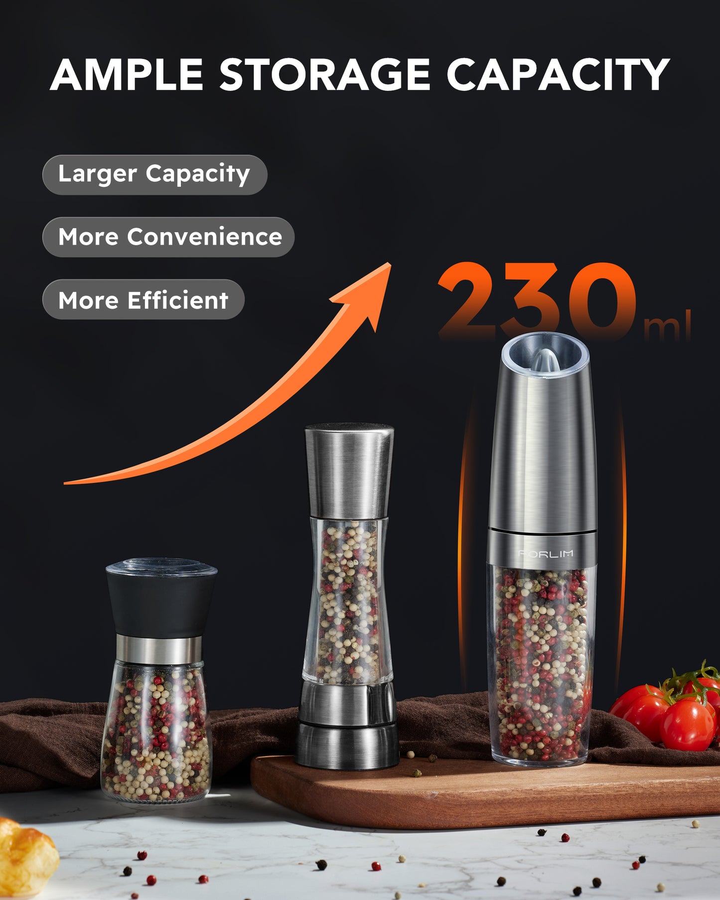 FORLIM Electric Salt and Pepper Grinder Set, Upgraded 9 Oz Large Capacity, Battery Operated Automatic Pepper Grinder Set, Easy to Fill, One Hand Operation, Stainless Steel(Silver)