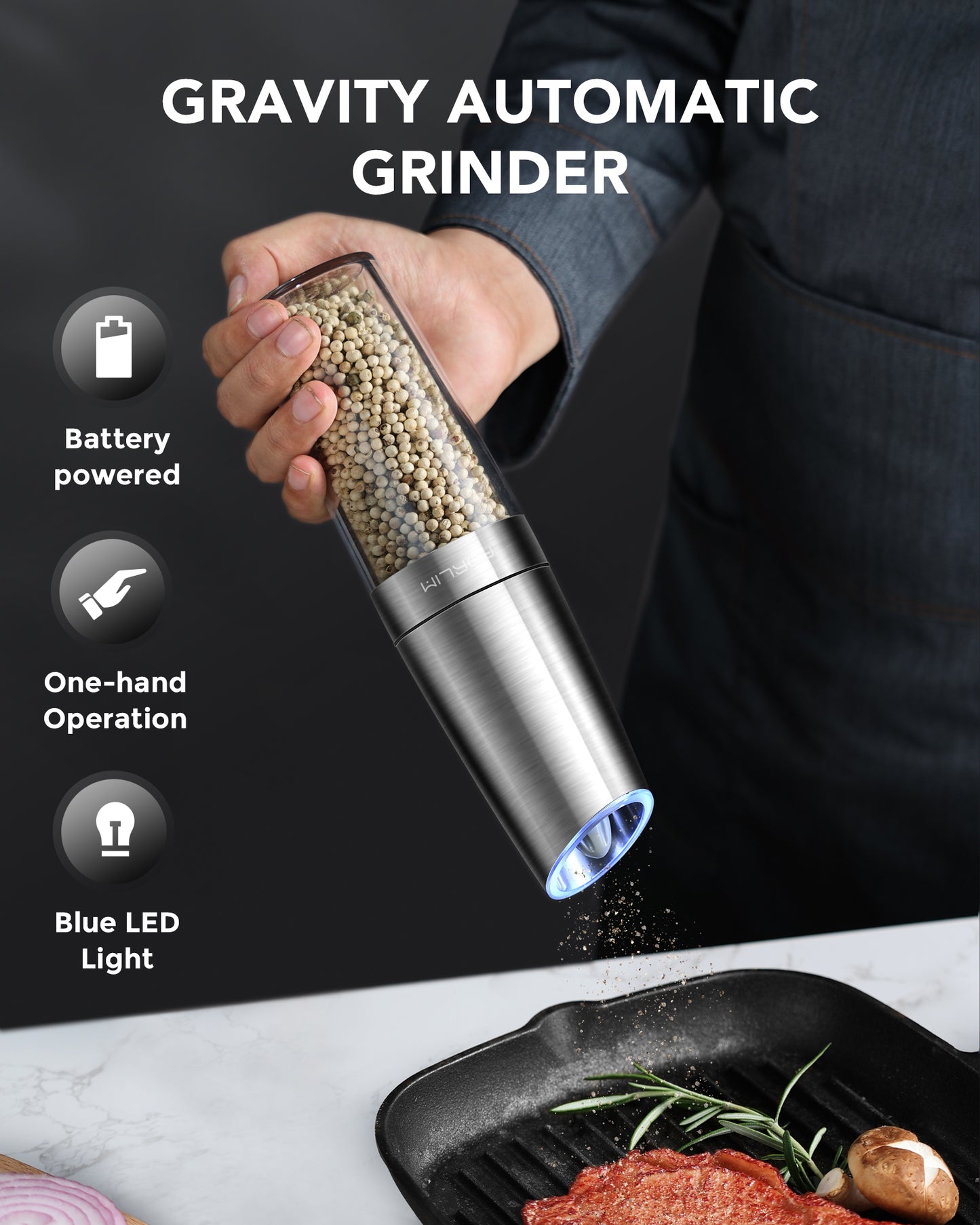 FORLIM Electric Salt and Pepper Grinder Set, Upgraded 9 Oz Large Capacity, Battery Operated Automatic Pepper Grinder Set, Easy to Fill, One Hand Operation, Stainless Steel(Silver)