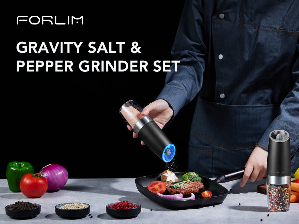 FORLIM Gravity Electric Salt and Pepper Grinder, Automatic Pepper Grinder Shakers Mill, Battery Powered Adjustable Coarseness with LED, One Hand Operation Perfect for Kitchen, Restaurants, Outdoor