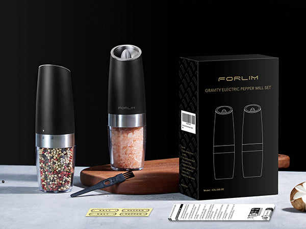 FORLIM Gravity Electric Salt and Pepper Grinder, Automatic Pepper Grinder Shakers Mill, Battery Powered Adjustable Coarseness with LED, One Hand Operation Perfect for Kitchen, Restaurants, Outdoor