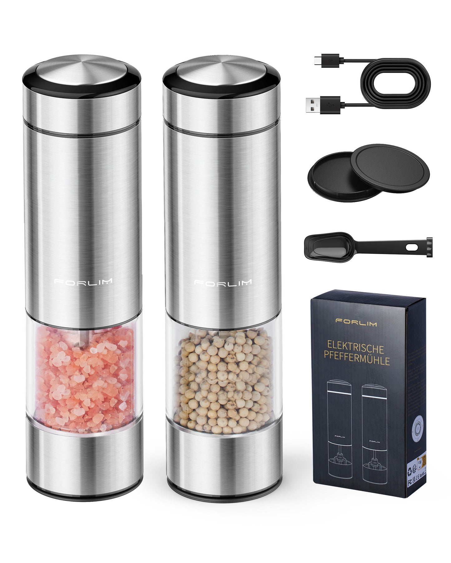 FORLIM Electric Salt and Pepper Grinder Set Rechargeable, Upgraded Washable, Automatic One-Handed Operation with LED, Adjustable Coarseness Pepper and Salt Grinder Refillable, Stainless Steel(Silver)