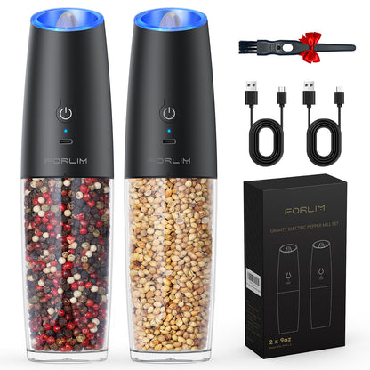 FORLIM Gravity Electric Salt and Pepper Grinder Set, USB Rechargeable 9oz XLarge Capacity, Automatic Salt Mill Set, One-Click Grinding One Hand Operated Adjustable Coarseness Pepper Mill(Black)