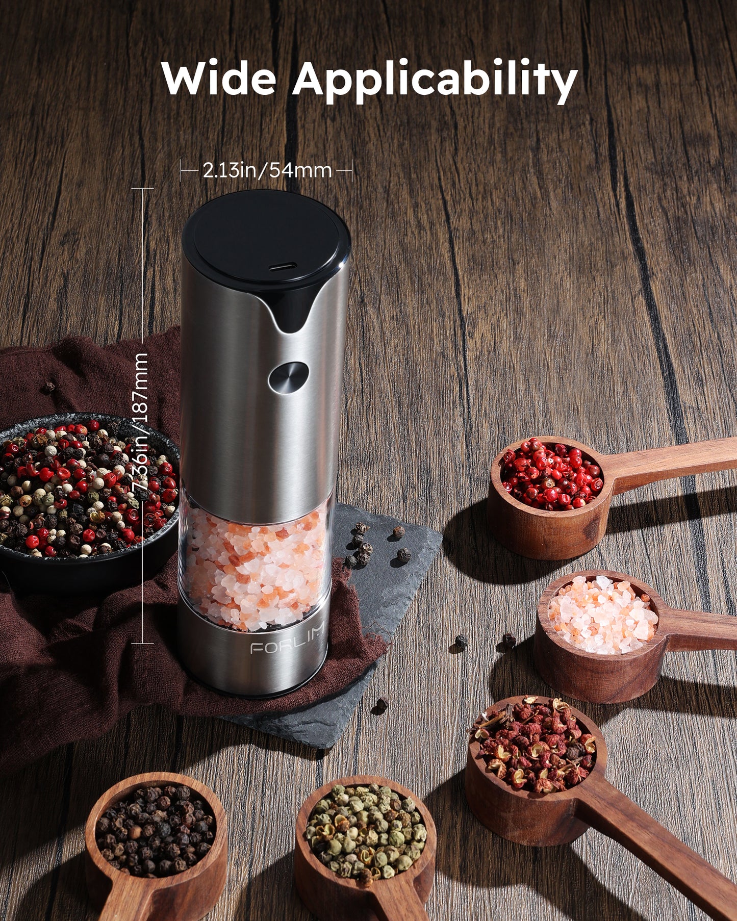 FORLIM Electric Salt and Pepper Grinder Set, USB Rechargeable, Automatic Salt Pepper Mill Grinder with Dust Cover, One-Button Control, Adjustable Coarseness, Warm LED Light (2 Packs, Stainless Steel)