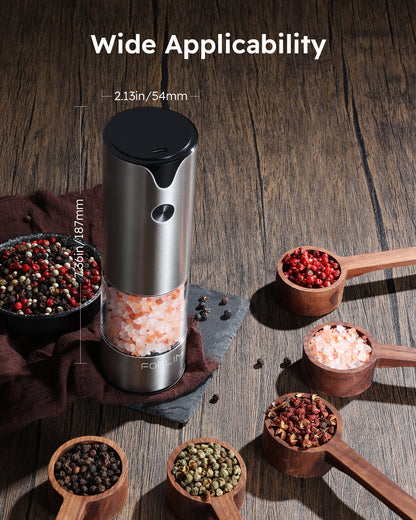 FORLIM Electric Salt and Pepper Grinder Set, USB Rechargeable, Automatic Salt Pepper Mill Grinder with Dust Cover, One-Button Control, Adjustable Coarseness, Warm LED Light (2 Packs, Stainless Steel)