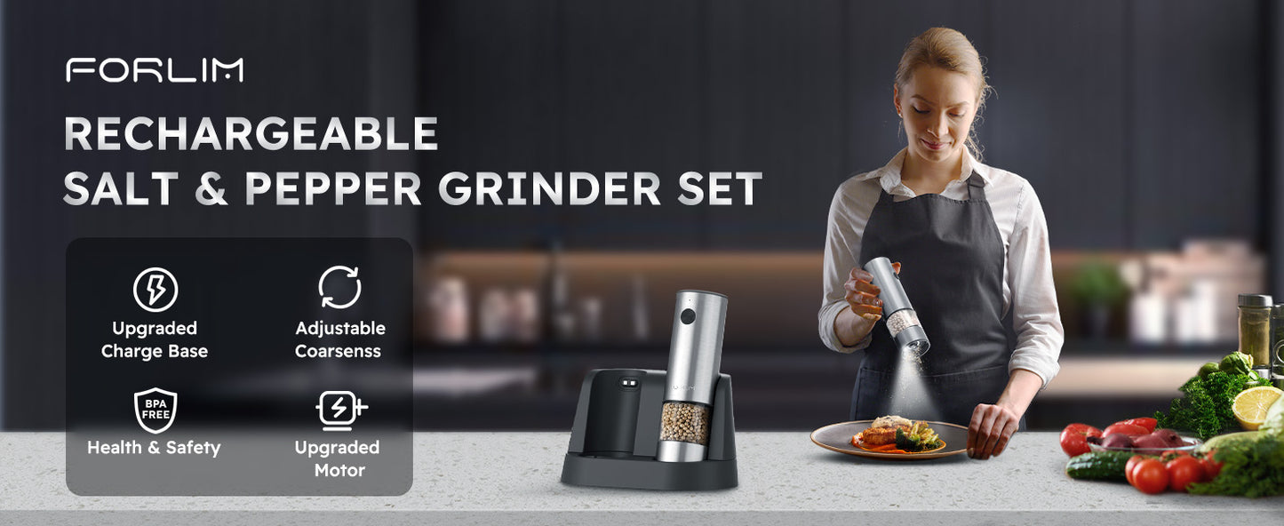 FORLIM Electric Salt and Pepper Grinder Set, USB Rechargeable Automatic Salt and Pepper Grinder Set with Upgraded Base, One Handed Operation Refillable Mill with Light, Adjustable Coarseness - 2 Mills