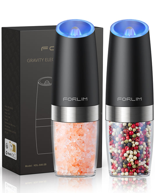FORLIM Gravity Electric Salt and Pepper Grinder, Automatic Pepper Grinder Shakers Mill, Battery Powered Adjustable Coarseness with LED, One Hand Operation Perfect for Kitchen, Restaurants, Outdoor