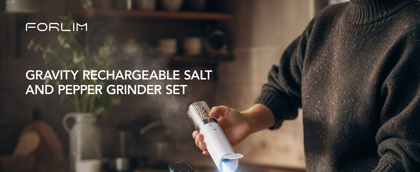 FORLIM USB Rechargeable Salt and pepper grinder set,with Integrated Dust Cover, Gravity-Operated Pepper Mill, Adjustable Coarseness, Portable and Suitable for Travel and Outdoor(White&Black)