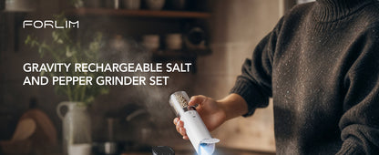 FORLIM USB Rechargeable Salt and pepper grinder set,with Integrated Dust Cover, Gravity-Operated Pepper Mill, Adjustable Coarseness, Portable and Suitable for Travel and Outdoor(White&Black)