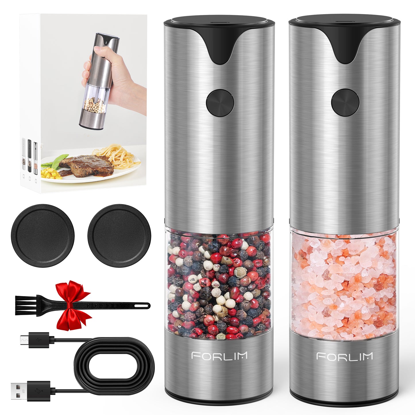 FORLIM Electric Salt and Pepper Grinder Set, USB Rechargeable, Automatic Salt Pepper Mill Grinder with Dust Cover, One-Button Control, Adjustable Coarseness, Warm LED Light (2 Packs, Stainless Steel)