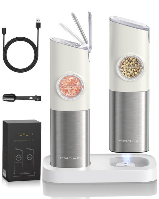 [Upgraded Design]Gravity Electric Salt and Pepper Grinder Set, 𝐔𝐩𝐠𝐫𝐚𝐝𝐞𝐝 Large Capacity, USB Rechargeable Automatic One Hand Operated, Adjustable Coarseness, LED Light, Stain Steel Off-white