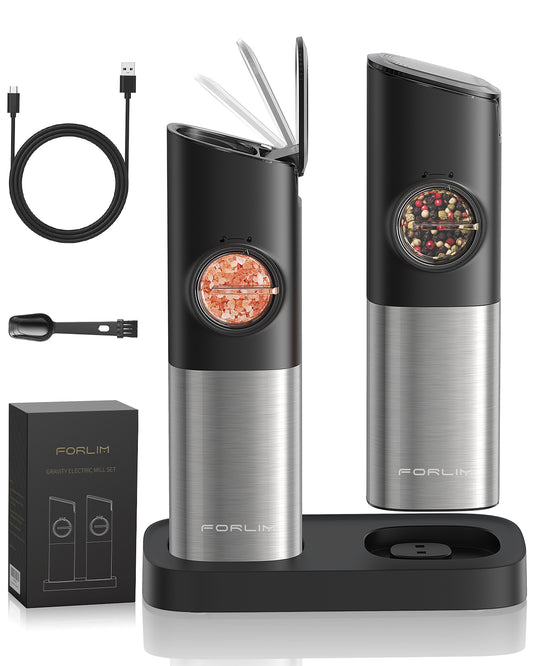 FORLIM Gravity Electric Salt and Pepper Grinder Set, Upgraded Large Capacity, USB Rechargeable Automatic One Hand Operated, Adjustable Coarseness, Auto Dust Lid, LED Light(Stain Steel Grey)