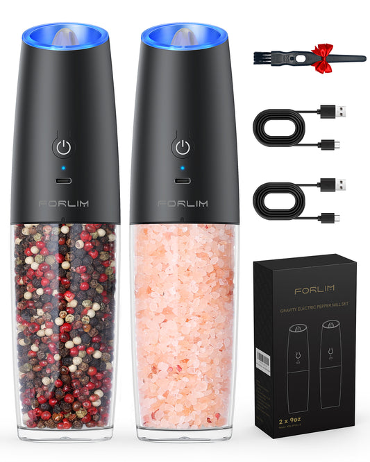 FORLIM Gravity Electric Salt and Pepper Grinder Set, USB Rechargeable 9oz XLarge Capacity, Automatic Salt Mill Set, One-Click Grinding One Hand Operated Adjustable Coarseness Pepper Mill(Black)