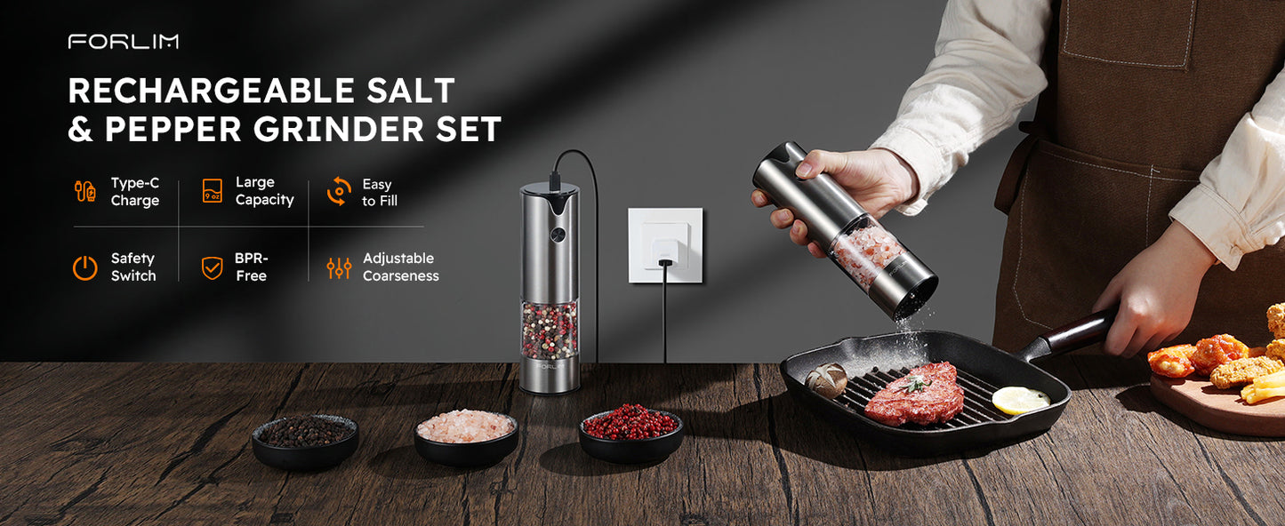 FORLIM Electric Salt and Pepper Grinder Set, USB Rechargeable, Automatic Salt Pepper Mill Grinder with Dust Cover, One-Button Control, Adjustable Coarseness, Warm LED Light (2 Packs, Stainless Steel)