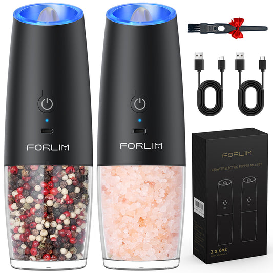 FORLIM Gravity Electric Salt and Pepper Grinder Set, USB Rechargeable Automatic Salt Pepper Shakers Mill, One-Click Grinding One Hand Operated Adjustable Coarseness Pepper Mill Set(Black)