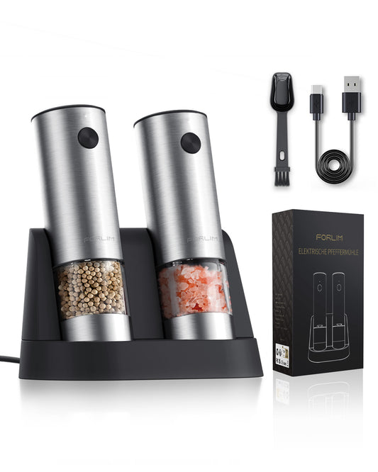 FORLIM Electric Salt and Pepper Grinder Set, USB Rechargeable Automatic Salt and Pepper Grinder Set with Upgraded Base, One Handed Operation Refillable Mill with Light, Adjustable Coarseness - 2 Mills