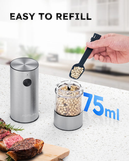 FORLIM Electric Salt and Pepper Grinder Set, USB Rechargeable Automatic Salt and Pepper Grinder Set with Upgraded Base, One Handed Operation Refillable Mill with Light, Adjustable Coarseness - 2 Mills