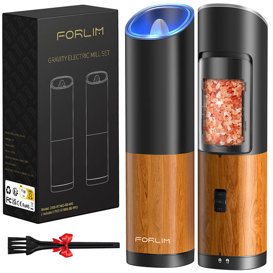FORLIM Gravity Electric Salt and Pepper Grinder Set, Battery Operated, Adjustable Coarseness, with Blue LED Light, One Hand Automatic Operation, Stainless Steel, 2 Pack(Wood Grain)