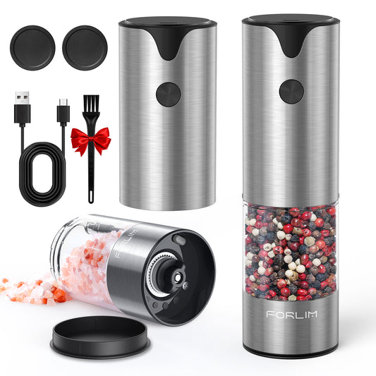 FORLIM Electric Salt and Pepper Grinder Set, USB Rechargeable, Automatic Salt Pepper Mill Grinder with Dust Cover, One-Button Control, Adjustable Coarseness, Warm LED Light (2 Packs, Stainless Steel)