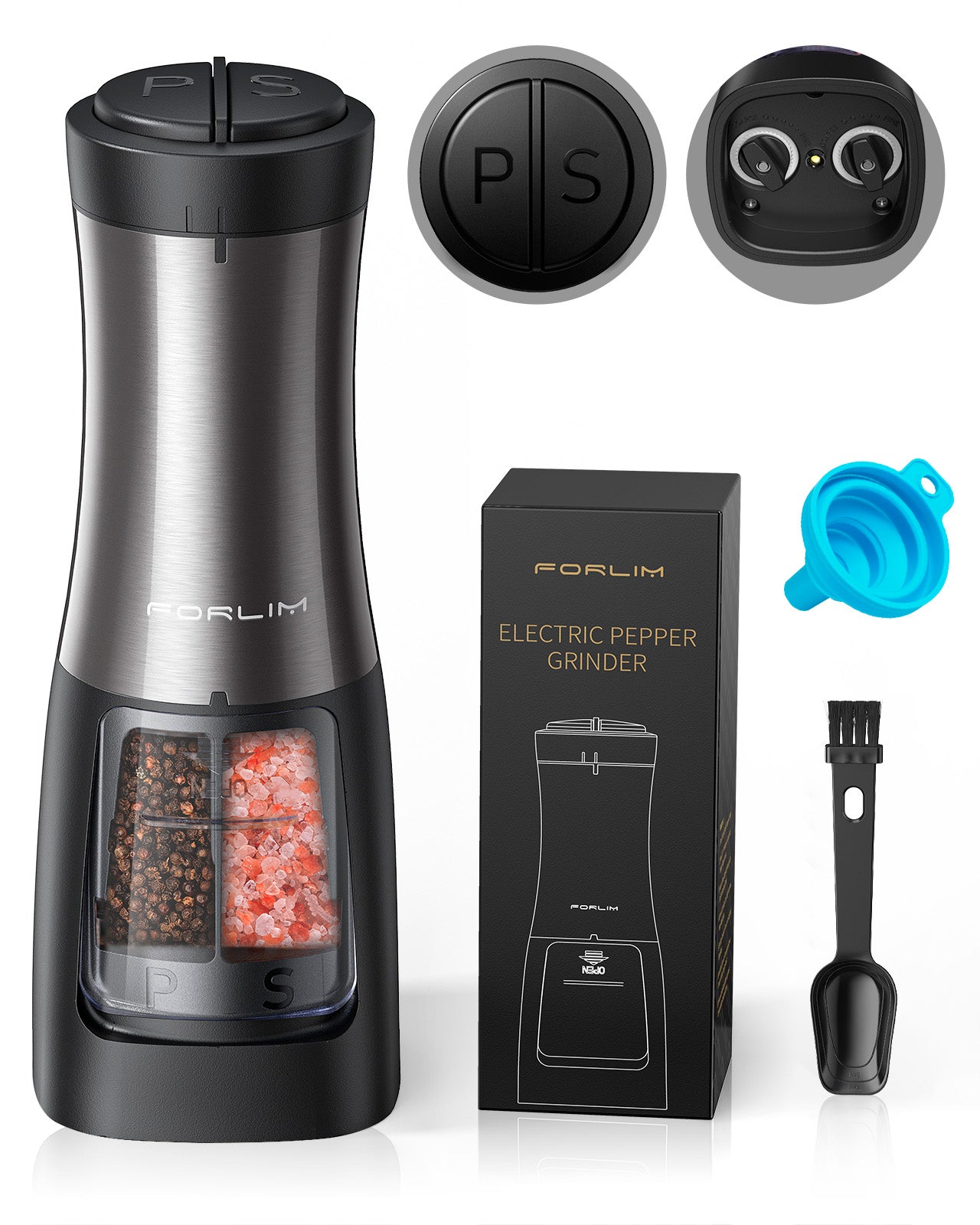 FORLIM 2-in-1 Electric Salt and Pepper Grinder Set - Battery Operated Pepper Mill - Effortless One-Handed Operation with LED Light and Adjustable Ceramic Grinder - Gorgeous