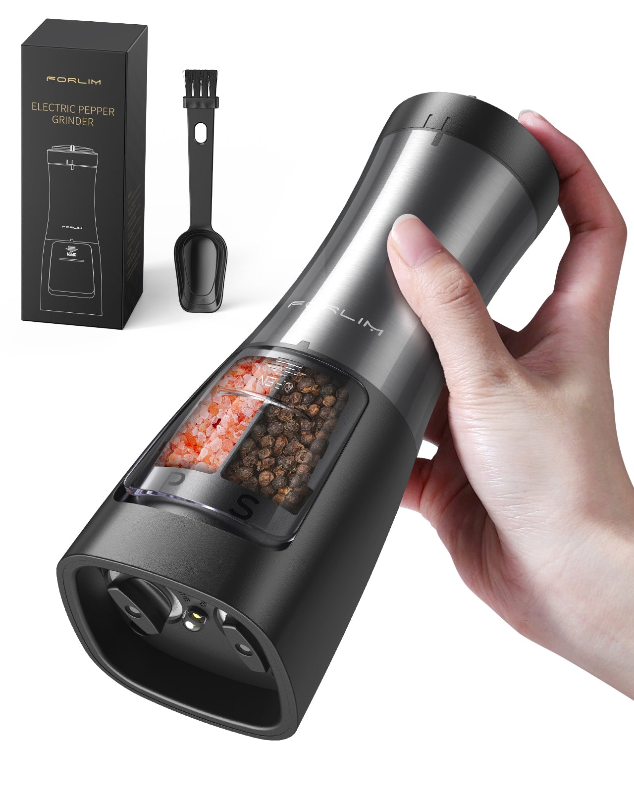 FORLIM 2-in-1 Electric Salt and Pepper Grinder Set - Battery Operated Pepper Mill - Effortless One-Handed Operation with LED Light and Adjustable Ceramic Grinder - Gorgeous