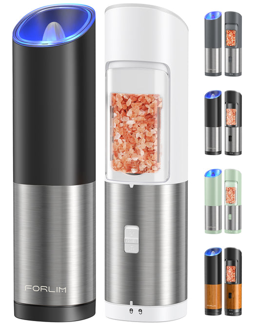 FORLIM Gravity Electric Salt and Pepper Grinder Set, Battery Operated, Adjustable Coarseness, with Blue LED Light, One Hand Automatic Operation, Stainless Steel, 2 Pack(Black+White)