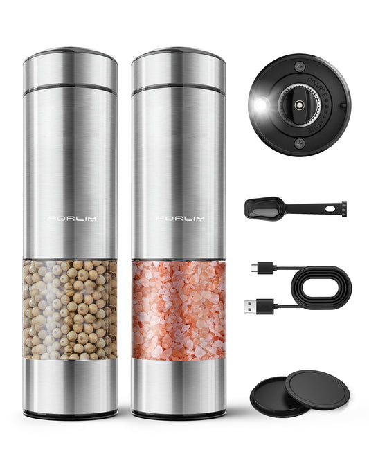 FORLIM Electric Salt and Pepper Grinder Set Rechargeable, Upgraded Washable, Automatic One-Handed Operation with LED, Adjustable Coarseness Pepper and Salt Grinder Refillable, Stainless Steel(Silver）