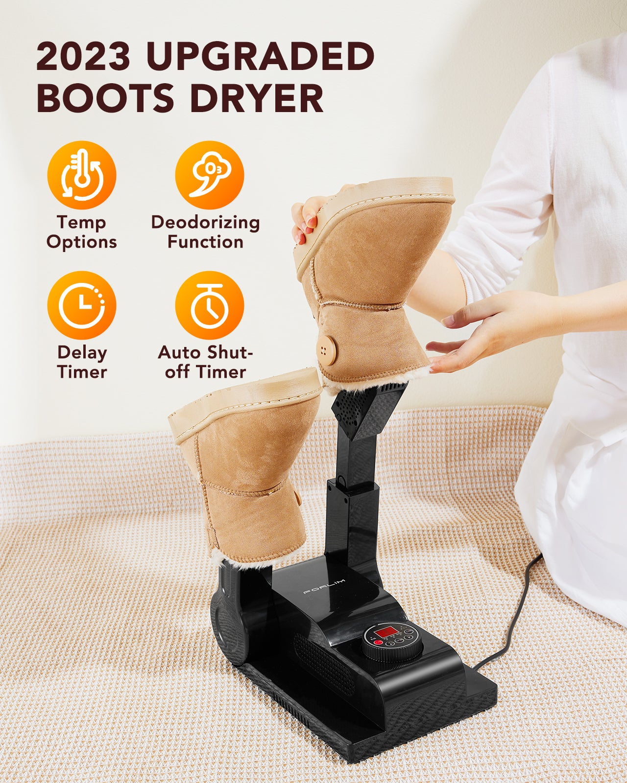 FORLIM Upgraded Temperature Control Boot Dryer for Work Boots - Shoe Dryer with 24-Hour Delay Timer, Portable Glove Dryer & Boot Warmer, Automatic Shut-Off Timer, Folding Design, Smart Panel, White