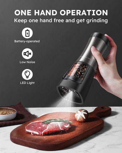 FORLIM 2-in-1 Electric Salt and Pepper Grinder Set - Battery Operated Pepper Mill - Effortless One-Handed Operation with LED Light and Adjustable Ceramic Grinder - Gorgeous