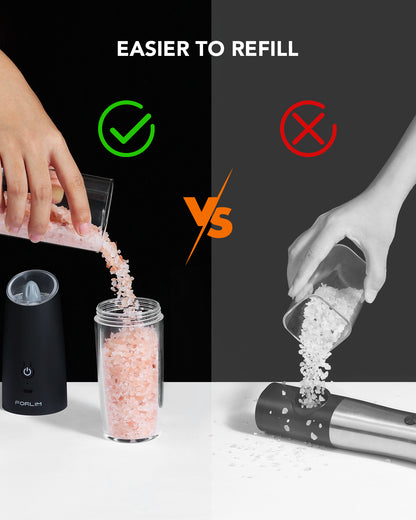 FORLIM Gravity Electric Salt and Pepper Grinder Set, USB Rechargeable 9oz XLarge Capacity, Automatic Salt Mill Set, One-Click Grinding One Hand Operated Adjustable Coarseness Pepper Mill(Black)