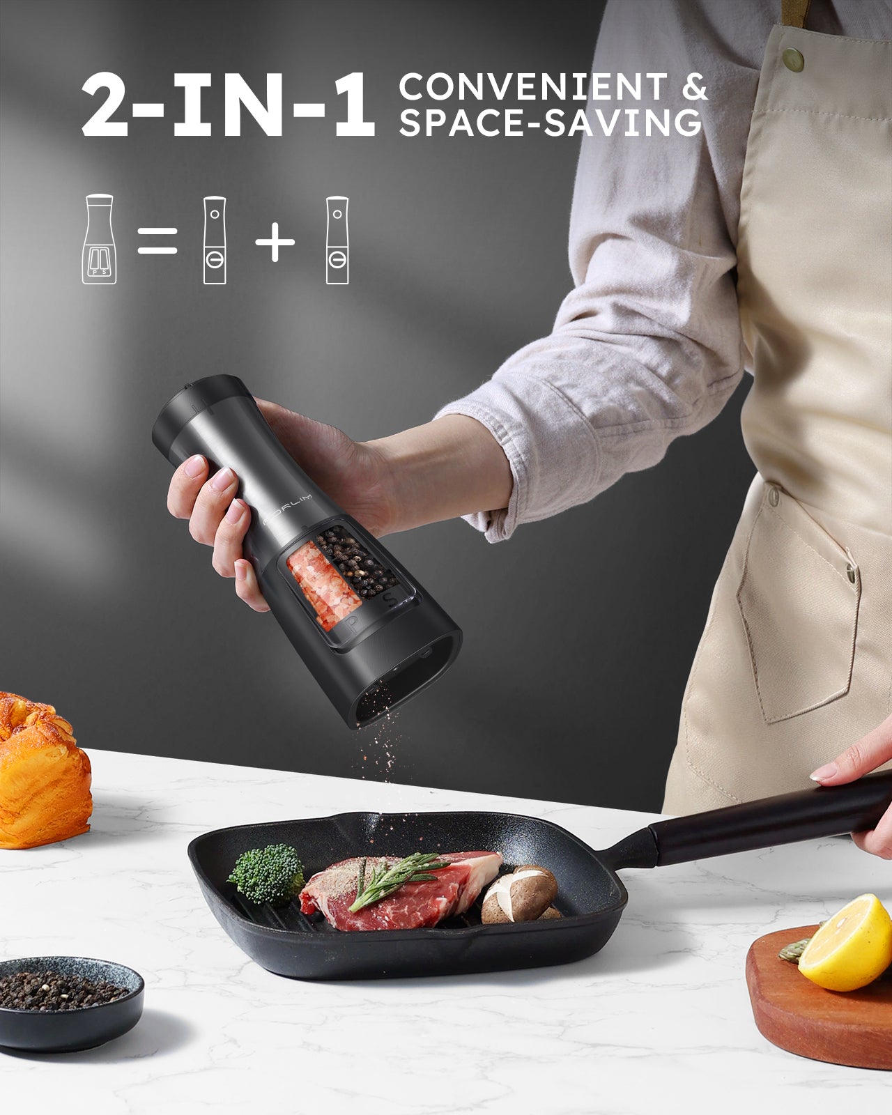 FORLIM 2-in-1 Electric Salt and Pepper Grinder Set - Battery Operated Pepper Mill - Effortless One-Handed Operation with LED Light and Adjustable Ceramic Grinder - Gorgeous