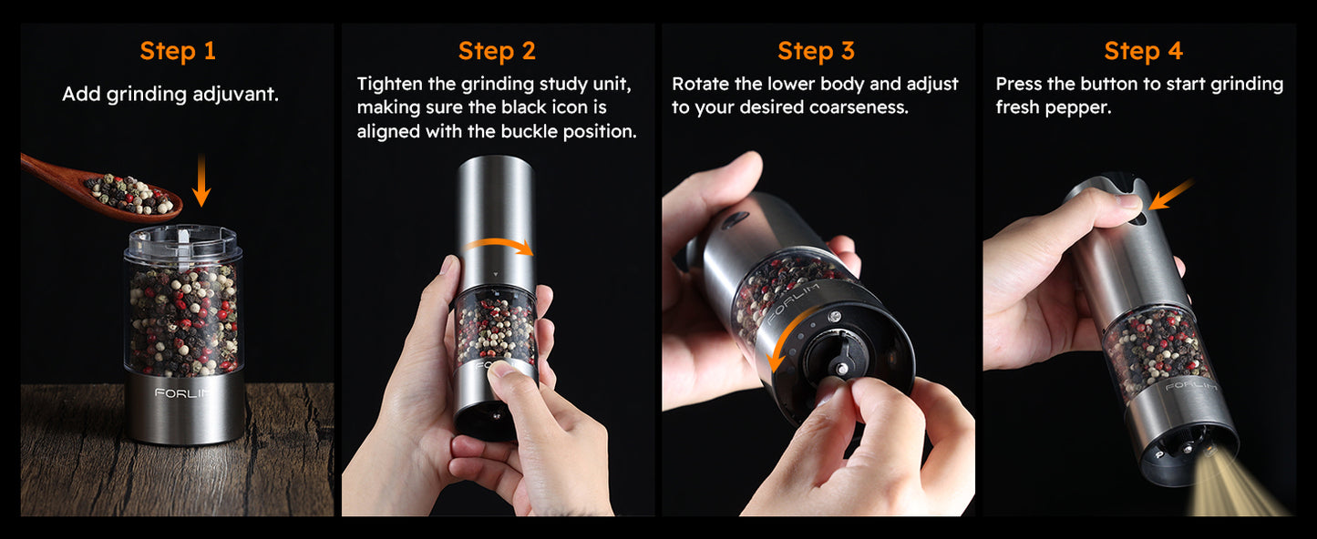 FORLIM Electric Salt and Pepper Grinder Set, USB Rechargeable, Automatic Salt Pepper Mill Grinder with Dust Cover, One-Button Control, Adjustable Coarseness, Warm LED Light (2 Packs, Stainless Steel)