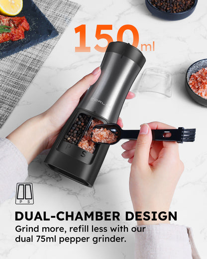 FORLIM 2-in-1 Electric Salt and Pepper Grinder Set - Battery Operated Pepper Mill - Effortless One-Handed Operation with LED Light and Adjustable Ceramic Grinder - Gorgeous