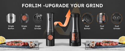 FORLIM 2-in-1 Electric Salt and Pepper Grinder Set - Battery Operated Pepper Mill - Effortless One-Handed Operation with LED Light and Adjustable Ceramic Grinder - Gorgeous