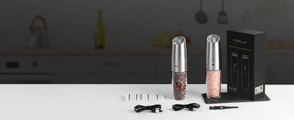 FORLIM Gravity Electric Salt and Pepper Grinder Set, USB Rechargeable 9oz XLarge Capacity, Automatic Salt Mill Set, One-Click Grinding One Hand Operated Adjustable Coarseness Pepper Mill(Black)