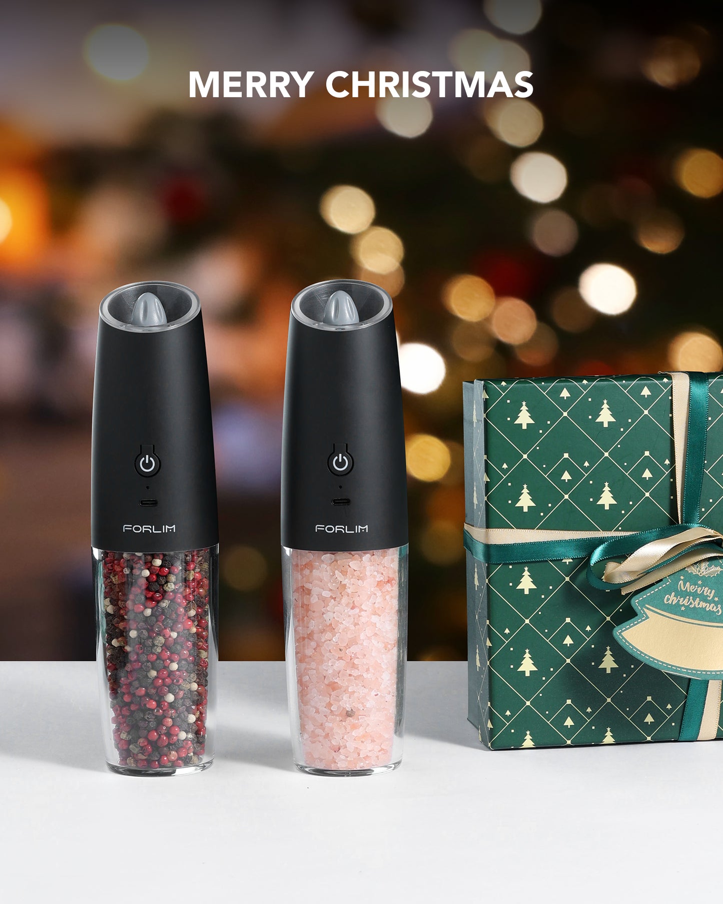 FORLIM Gravity Electric Salt and Pepper Grinder Set, USB Rechargeable 9oz XLarge Capacity, Automatic Salt Mill Set, One-Click Grinding One Hand Operated Adjustable Coarseness Pepper Mill(Black)