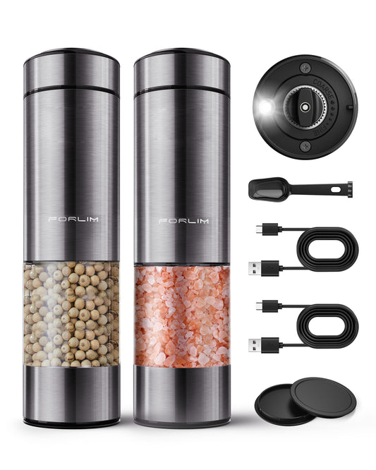 FORLIM Rechargeable Electric Salt and Pepper Grinder Set - Automatic One-Handed Operation Mill with Light (2 Mills) - Electronic Adjustable Shakers - Ceramic Grinder - Gunmetal Gray