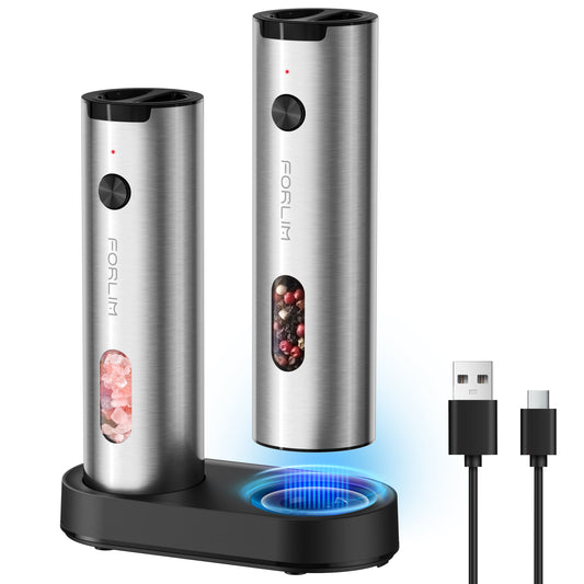 FORLIM Electric Salt and Pepper Grinder Set Rechargeable, Auto Salt and Pepper Grinder set with Charging Base, Adjustable Coarseness, LED Light, Automatic Salt Grinder Refillable,Pepper Shakers Set