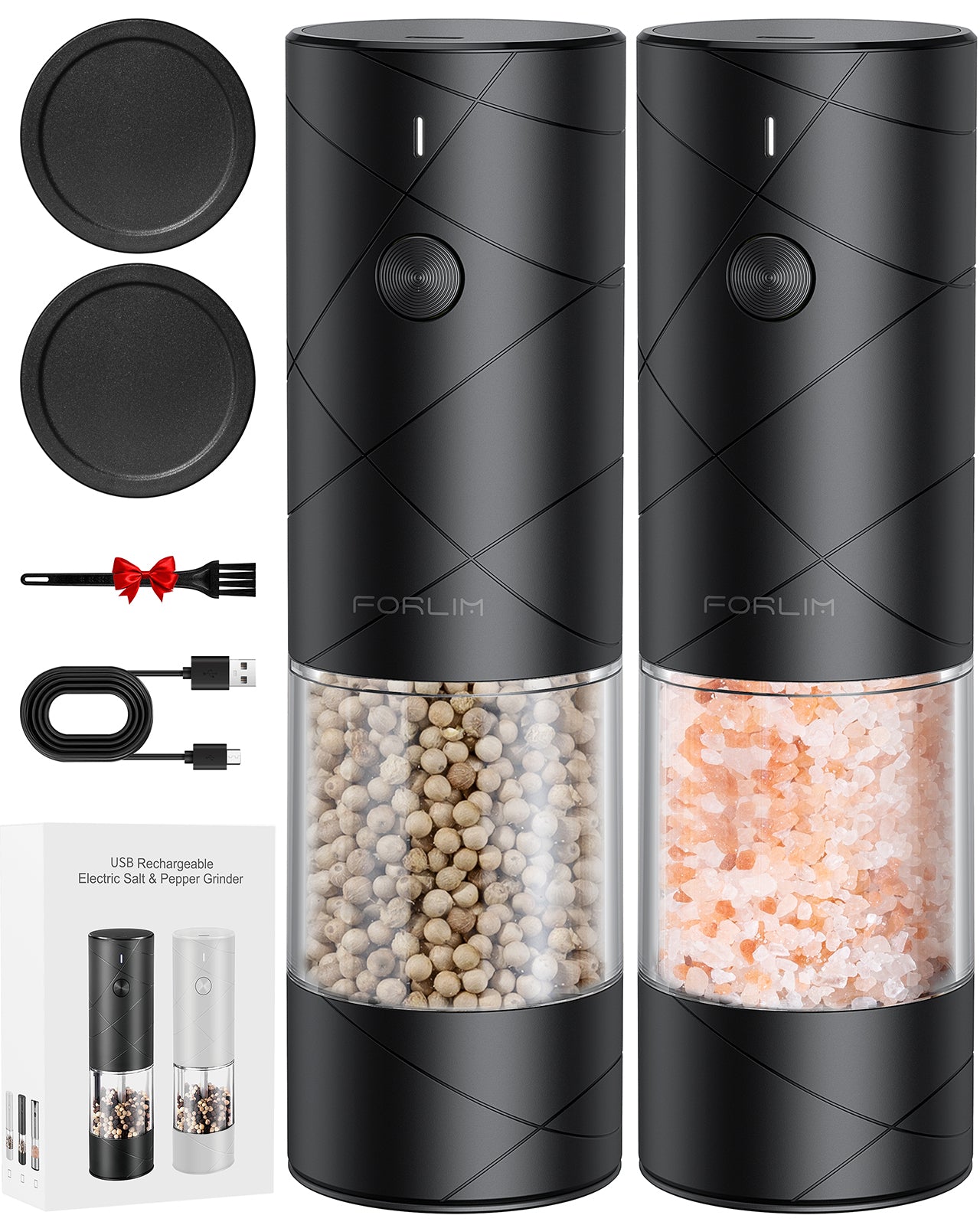 FORLIM Electric Salt and Pepper Grinder Set, USB Rechargeable, Automatic Salt Pepper Mill Grinder with Dust Cover, One-Button Control, Adjustable Coarseness, Warm LED Light (2 Packs, Black)