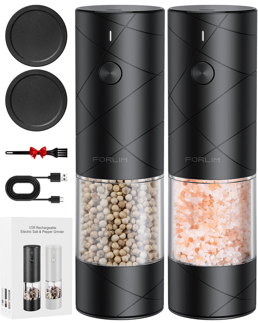 FORLIM Electric Salt and Pepper Grinder Set, USB Rechargeable, Automatic Salt Pepper Mill Grinder with Dust Cover, One-Button Control, Adjustable Coarseness, Warm LED Light (2 Packs, Black)