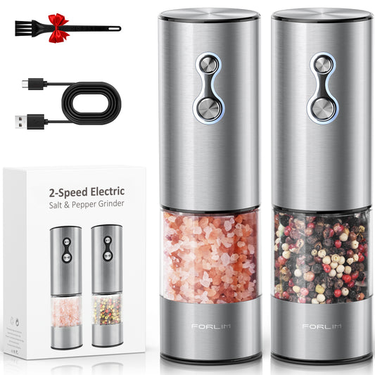 FORLIM Rechargeable Electric Salt and Pepper Grinder Set, Dual-Speed Control, Stainless Steel Automatic Salt & Pepper Mill with Dust Cover, 2 LED Lights, Adjustable Coarseness (2-Pack, Glossy Silver)