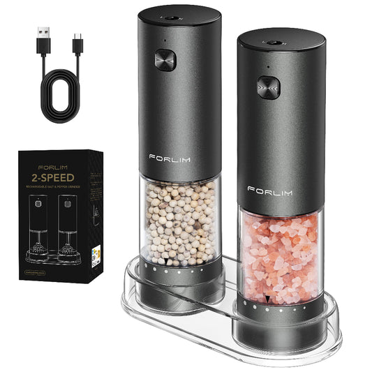 FORLIM 2-Speed Electric Salt And Pepper Grinder Set, External Rotation To Adjust Coarseness, Rechargeable Aluminum Alloy Pepper Mill With Base, One-Button Automatic Grinding, Washable Container