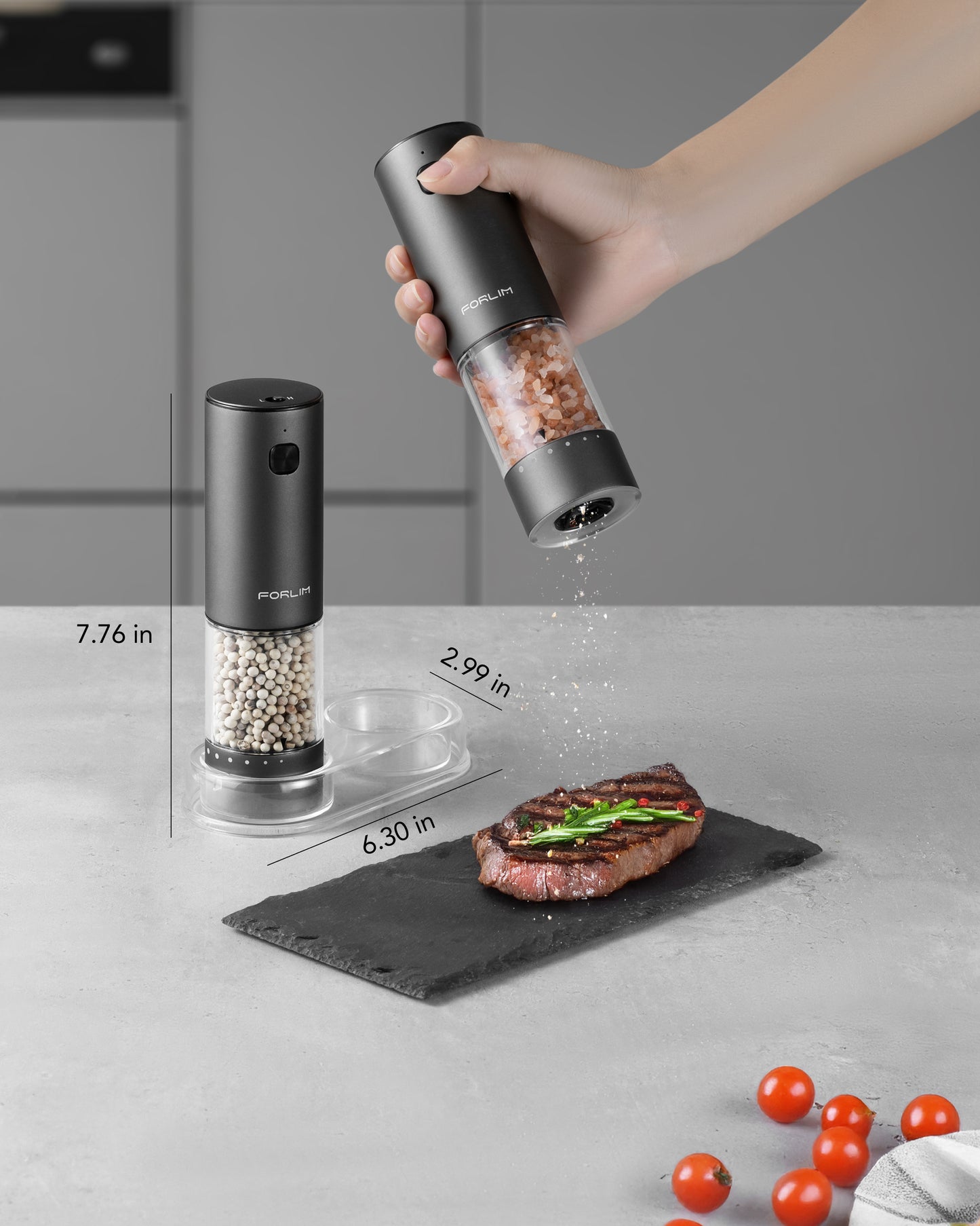 FORLIM 2-Speed Electric Salt And Pepper Grinder Set, External Rotation To Adjust Coarseness, Rechargeable Aluminum Alloy Pepper Mill With Base, One-Button Automatic Grinding, Washable Container