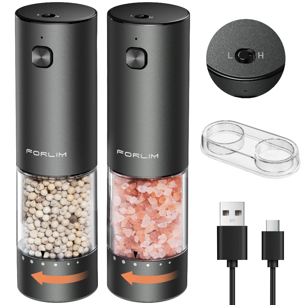 FORLIM 2-Speed Electric Salt And Pepper Grinder Set, External Rotation To Adjust Coarseness, Rechargeable Aluminum Alloy Pepper Mill With Base, One-Button Automatic Grinding, Washable Container