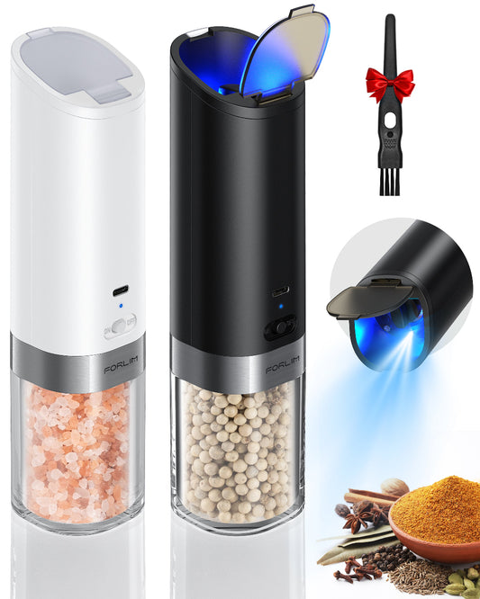 FORLIM USB Rechargeable Salt and pepper grinder set,with Integrated Dust Cover, Gravity-Operated Pepper Mill, Adjustable Coarseness, Portable and Suitable for Travel and Outdoor(White&Black)