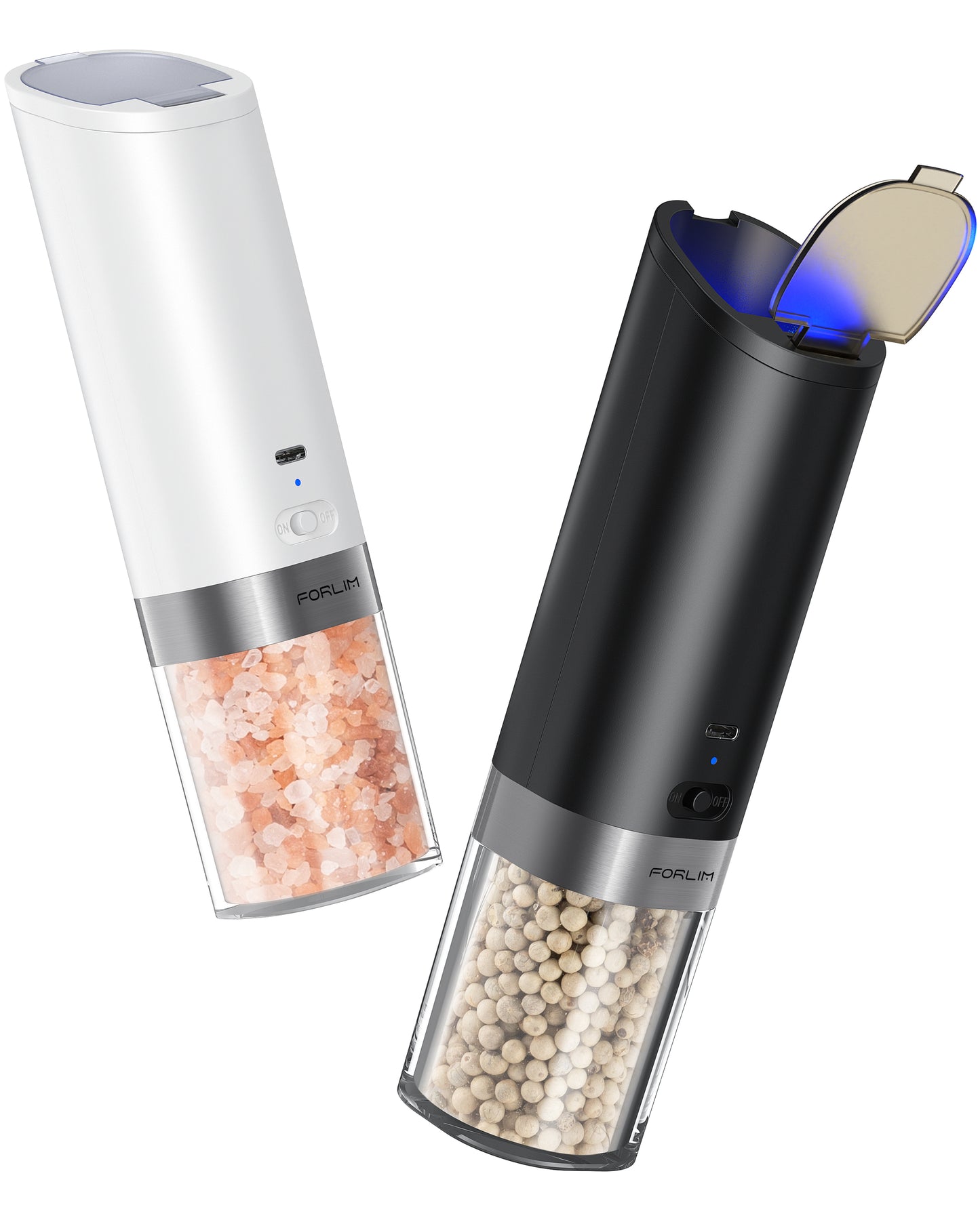 FORLIM USB Rechargeable Salt and pepper grinder set,with Integrated Dust Cover, Gravity-Operated Pepper Mill, Adjustable Coarseness, Portable and Suitable for Travel and Outdoor(White&Black)