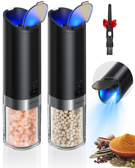 FORLIM Salt and pepper grinder set with integrated dust cover, gravity-operated USB rechargeable pepper mill, adjustable coarseness, portable and suitable for travel and outdoor BBQ (Black Set)